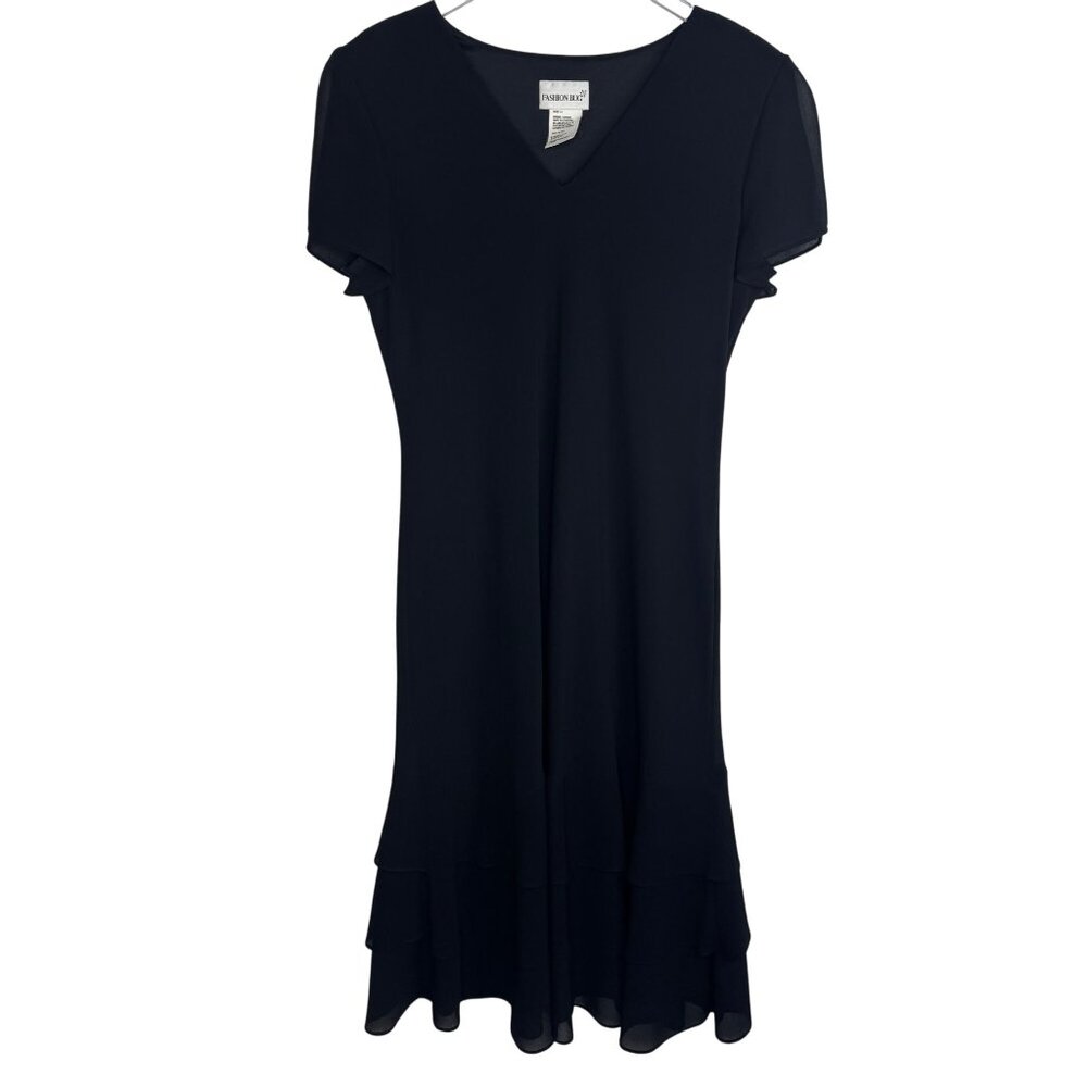Vintage Fashion Bug Black Tiered Hem Short-Sleeve VNeck Dress Whimsigoth Size 14